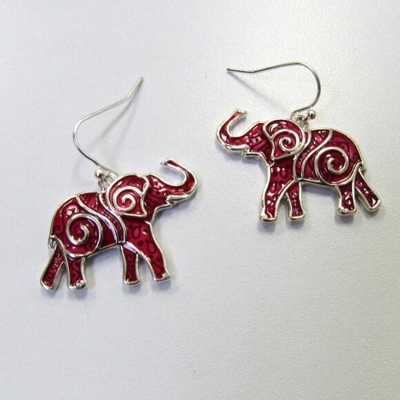 Red Elephant Dangle Drop Pierced Earrings Trunk Up For Good Luck - Picture 1 of 2